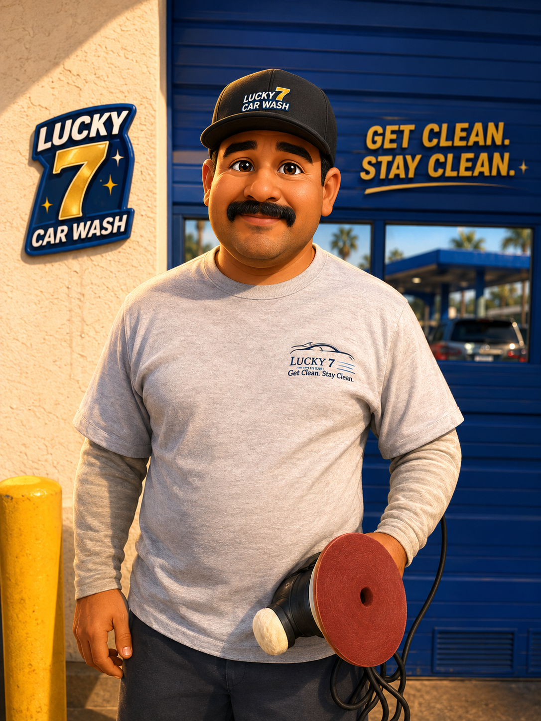 Alejandro, master detailer at Lucky 7 San Pedro, as a Lucky 7 animated character holding a polishing machine