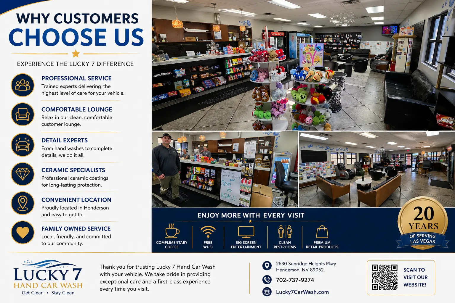 Why customers choose Lucky 7 sheet showing the customer lounge, retail counter, and included amenities