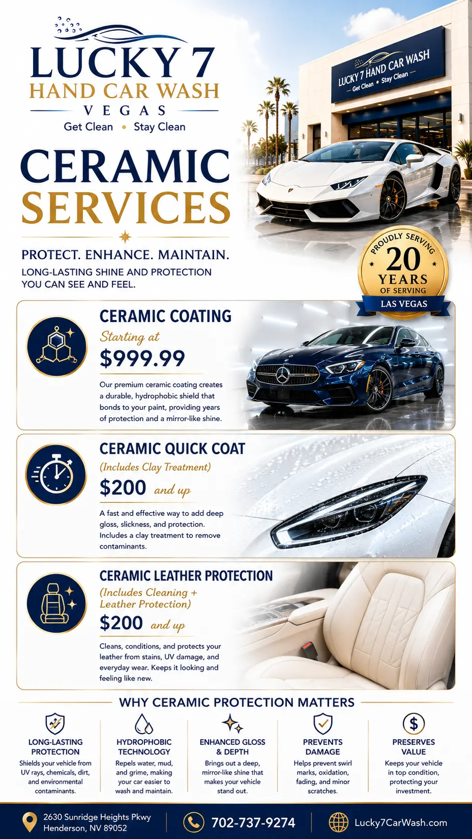 Lucky 7 ceramic services sheet with ceramic coating, quick coat, and leather protection pricing