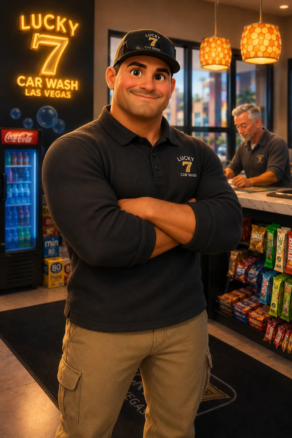 Illustrated portrait of Jason, General Manager of Lucky 7 Hand Car Wash in Henderson, Nevada