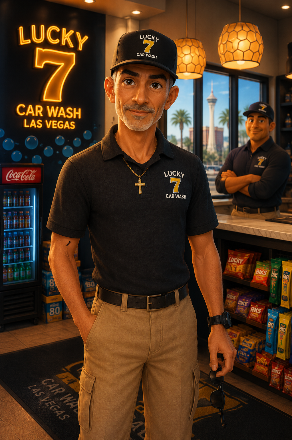 Anthony, assistant general manager at Lucky 7 Hand Car Wash in Henderson, Nevada, as a Lucky 7 animated character in the front lobby