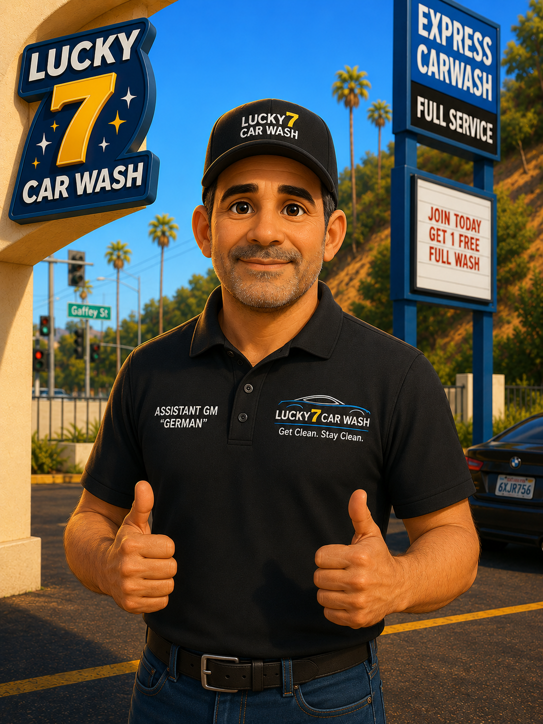 German, assistant general manager at Lucky 7 Car Wash San Pedro, as a Lucky 7 animated character giving two thumbs up