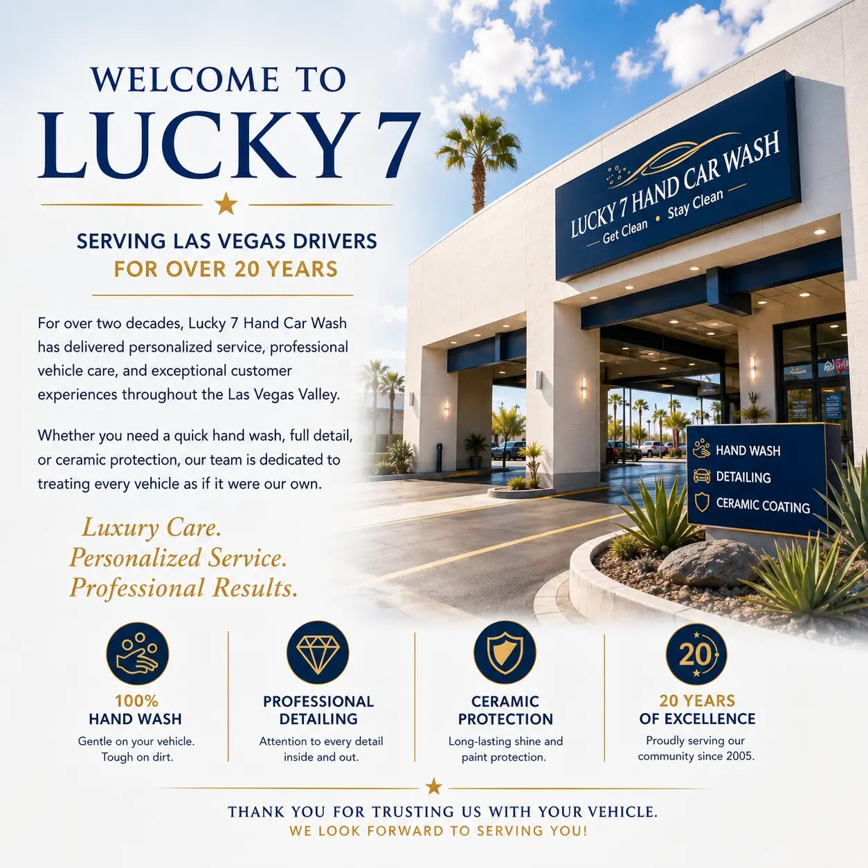 Welcome to Lucky 7 Hand Car Wash sheet describing over 20 years serving Las Vegas drivers