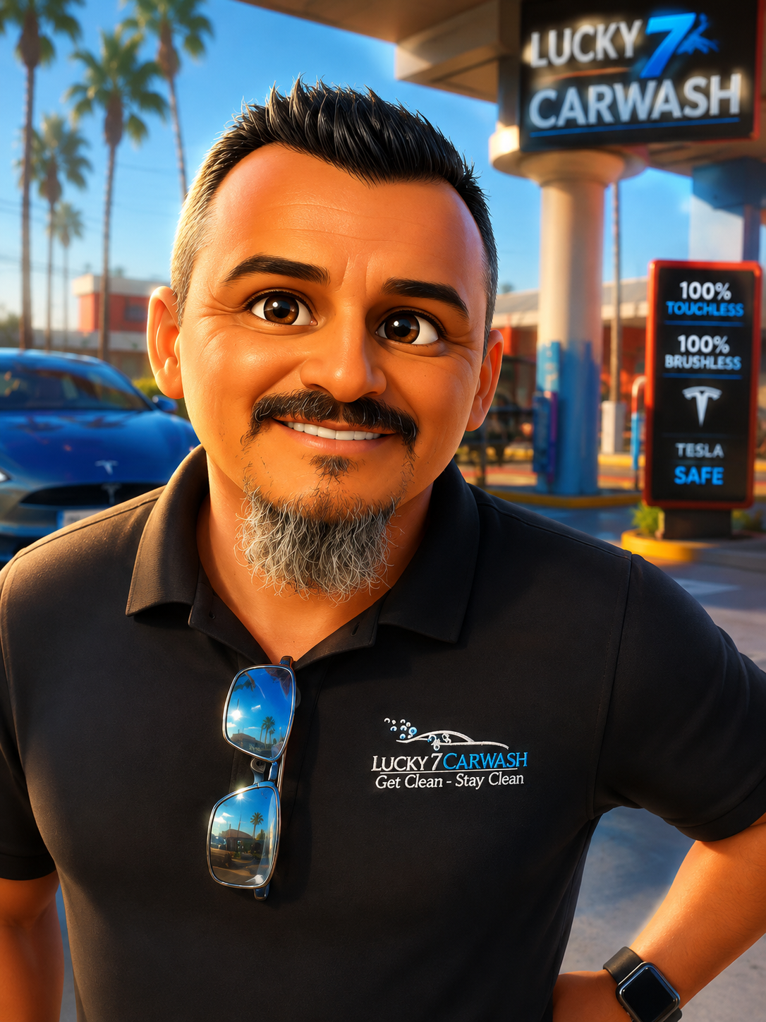 Carlos, General Manager of Lucky 7 Car Wash, in a branded black polo