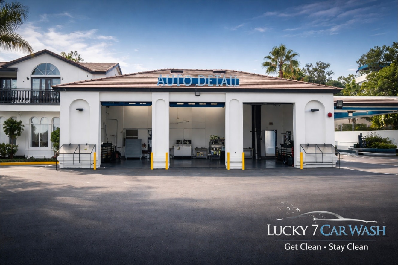 Lucky 7 Auto Detail building with three detailing bays and palm trees