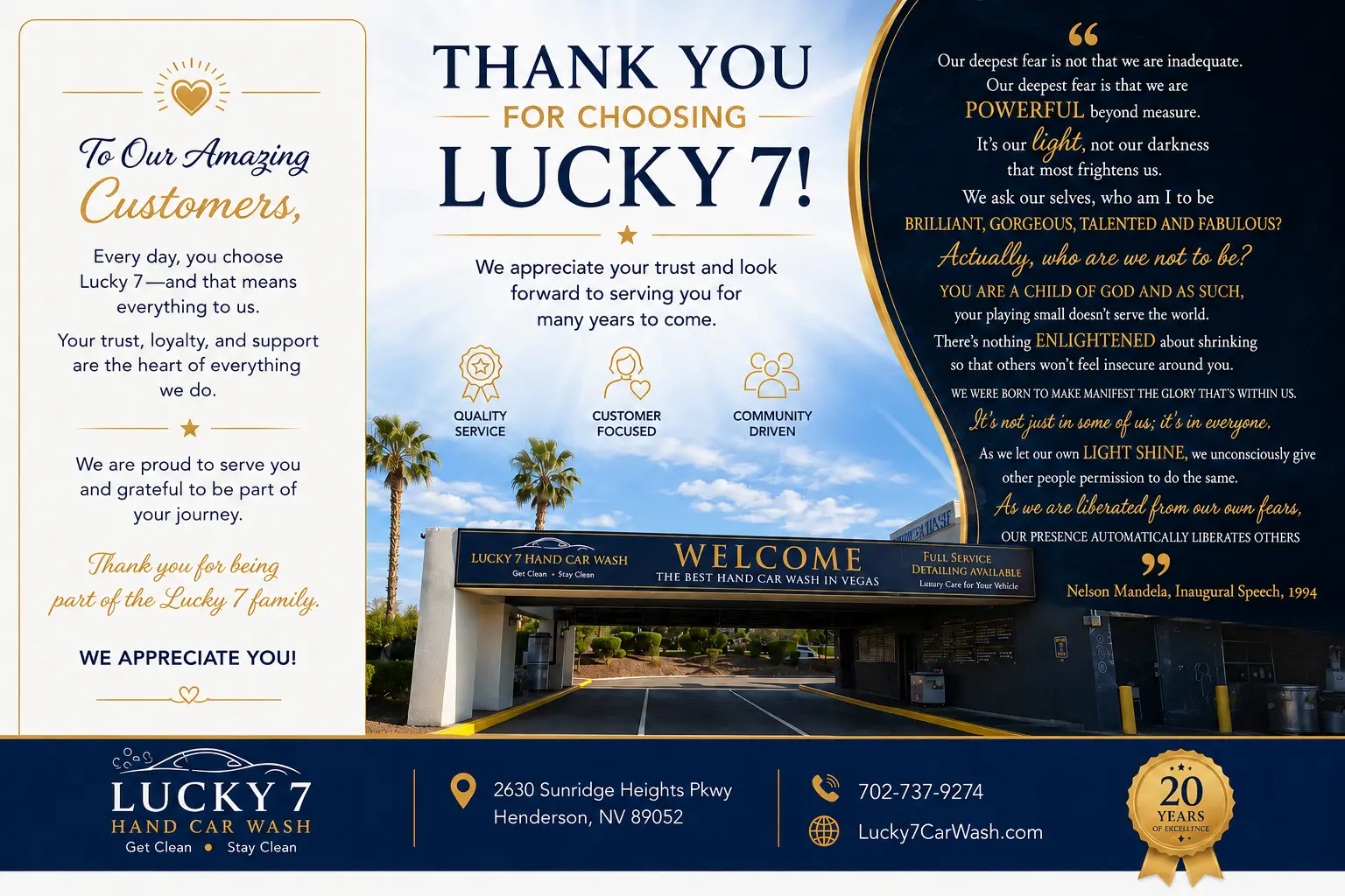 Thank you for choosing Lucky 7 Hand Car Wash sheet with the welcome entrance photo