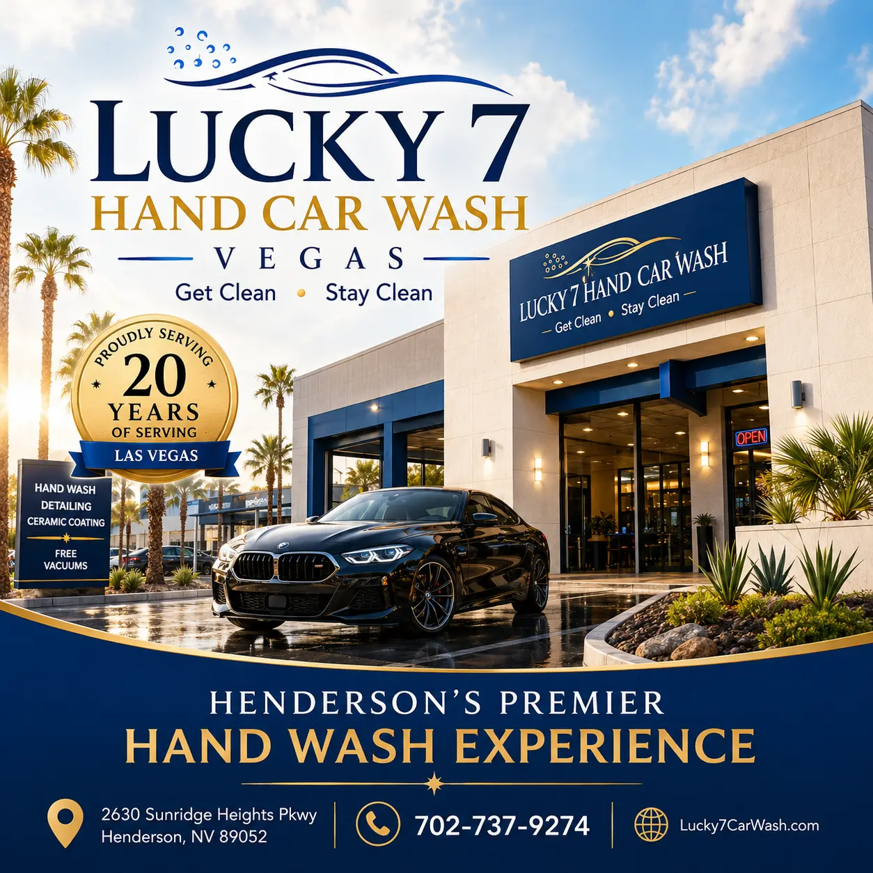 Lucky 7 Hand Car Wash Henderson storefront sheet with address and phone number