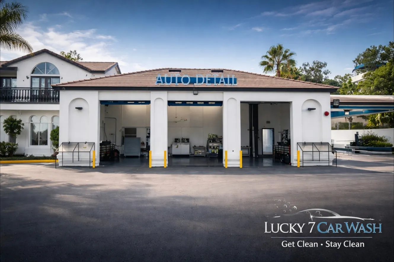 Lucky 7 Auto Detail building with three detailing bays and palm trees