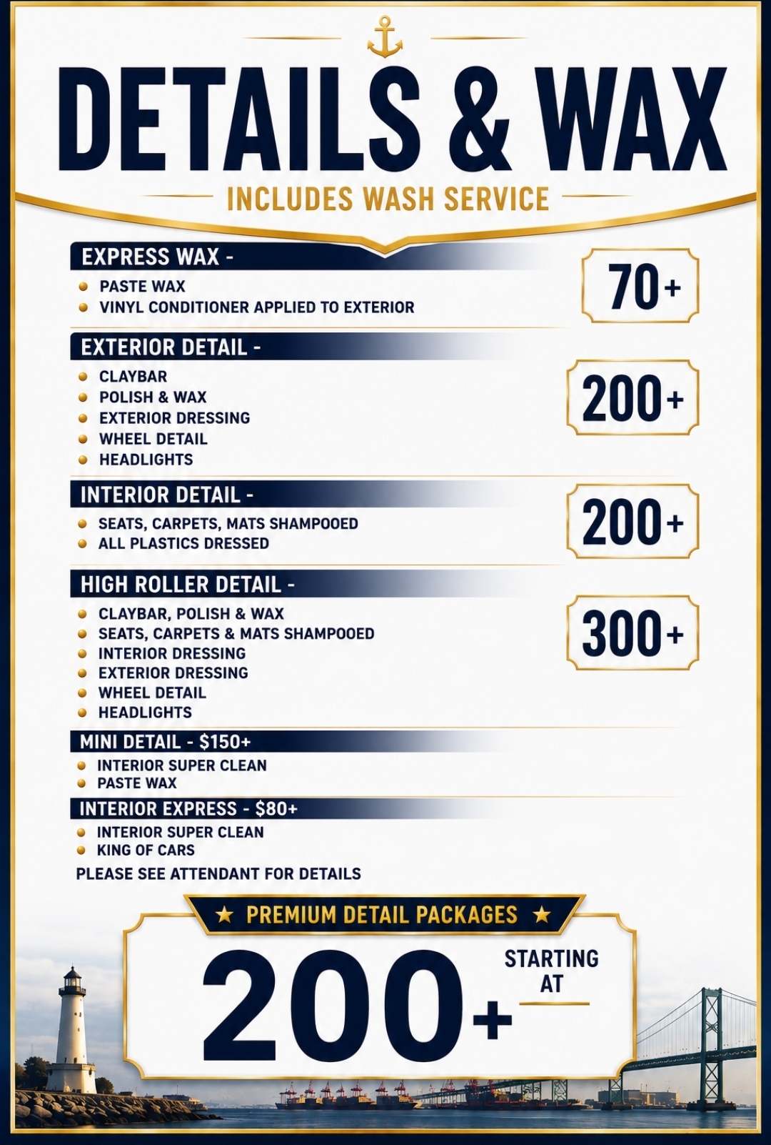Lucky 7 Car Wash San Pedro details and wax menu board: express wax $70+, exterior detail $200+, interior detail $200+, high roller detail $300+, mini detail $150+, interior express $80+