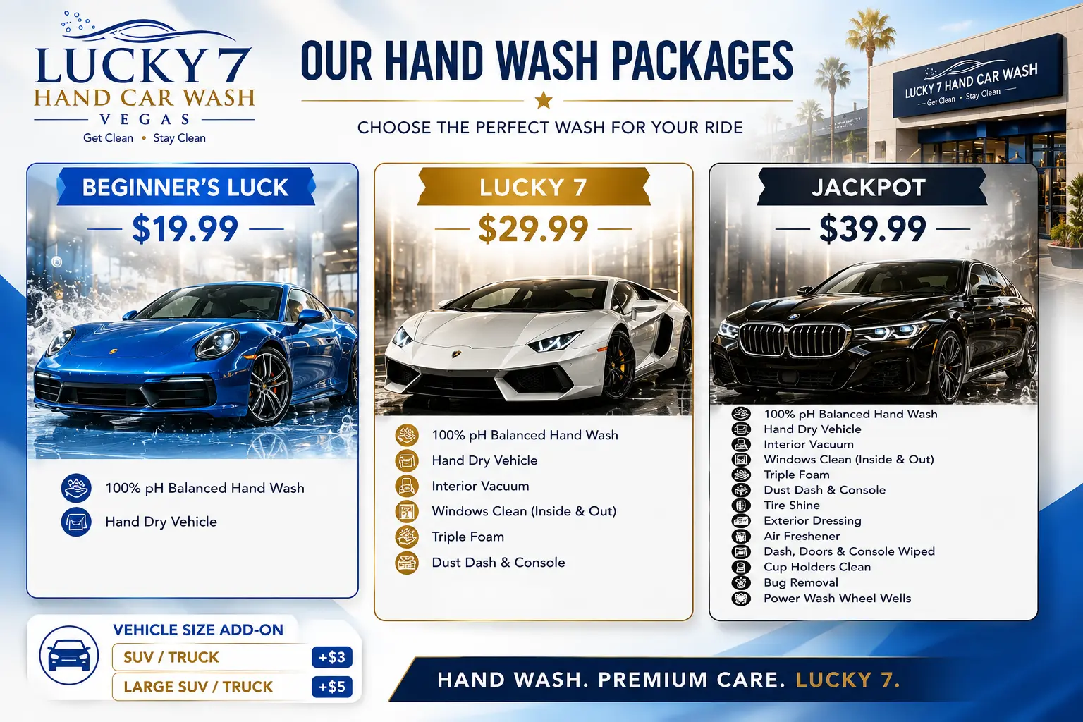 Lucky 7 hand wash packages sheet: Beginner's Luck $19.99, Lucky 7 $29.99, Jackpot $39.99