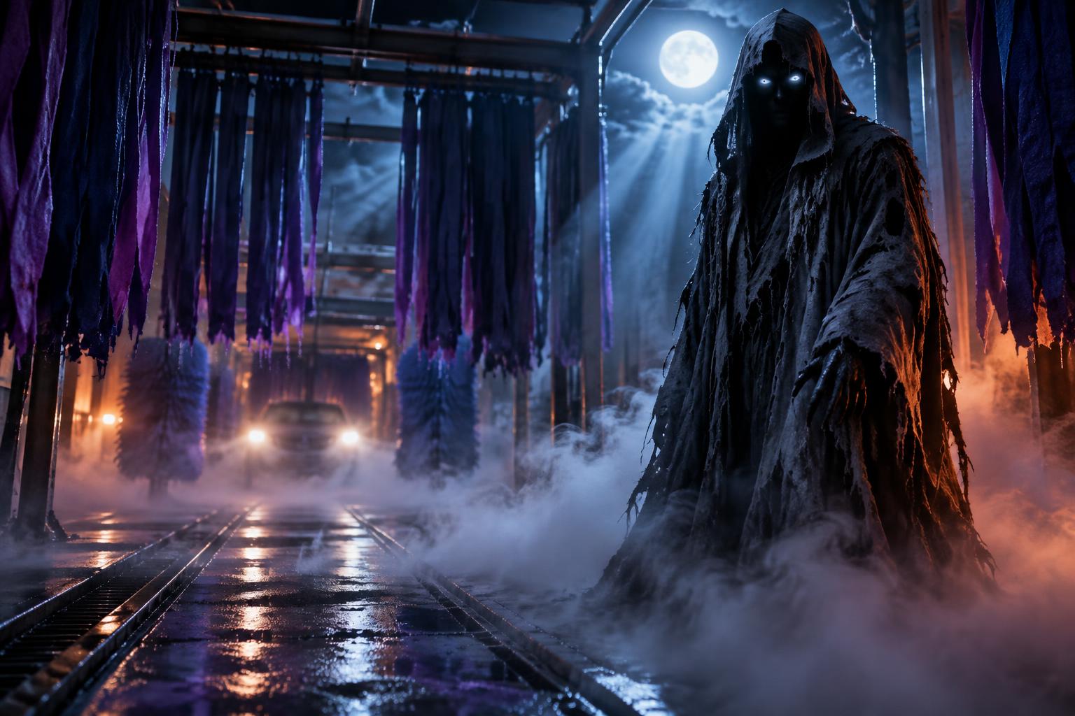 Illustration: a hooded phantom with glowing eyes in a fog-filled wash tunnel at night