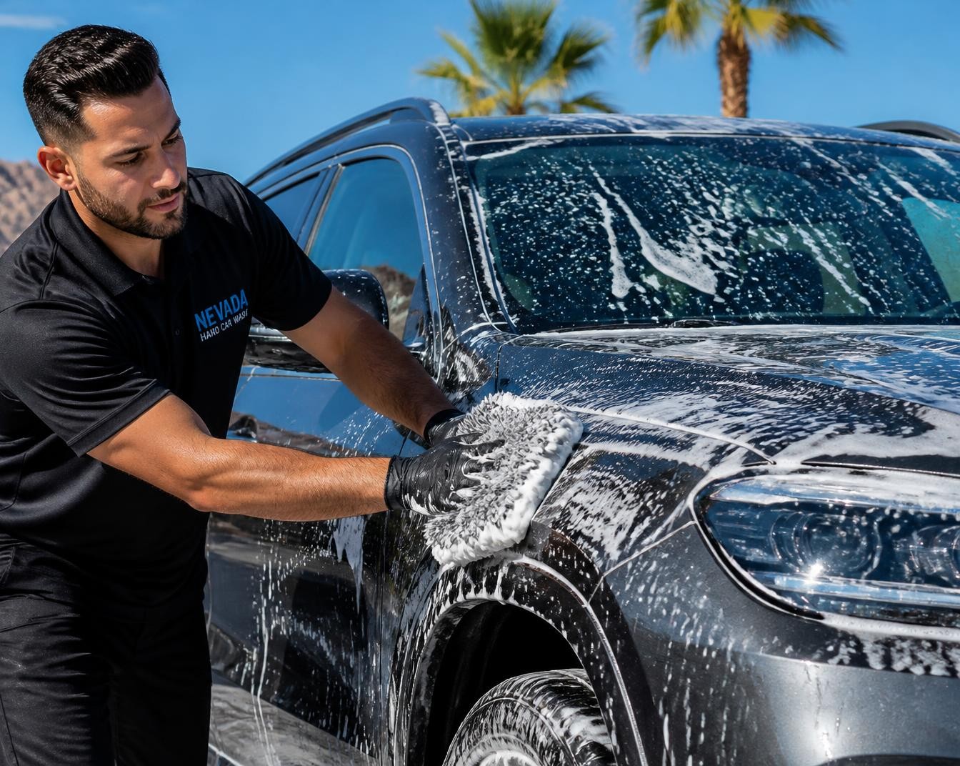 Team member hand washing a vehicle at Lucky 7 Hand Car Wash in Henderson